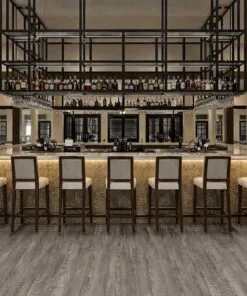 Stylish bar interior using Earthy Pine waterproof linoleum flooring for long-lasting commercial durability.