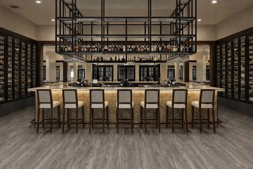 Earthy Pine - 3/8" (9.5mm) - Swiss Real Linoleum Hydrowood Core Waterproof Floating Flooring (NEthPin9.5) Stylish bar interior using Earthy Pine waterproof linoleum flooring for long-lasting commercial durability.