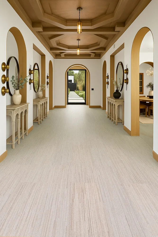 Vertical - 7/16" (11mm) - Swiss Real Cork Floating (FVtc11) Spacious entry hallway with arched openings, coffered ceiling, and Vertical Swiss cork flooring in soft neutral tones for timeless elegance and durability.