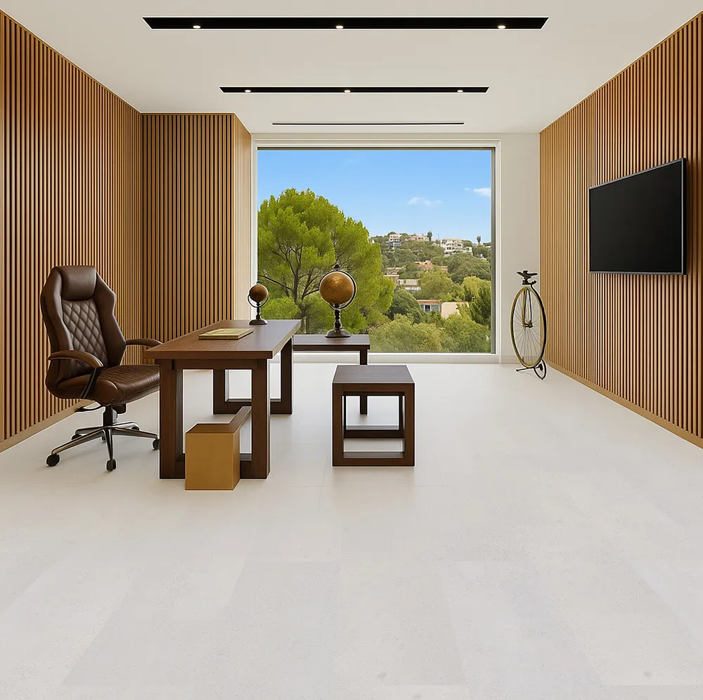 Executive office with wood wall panels and white leather cork floor.