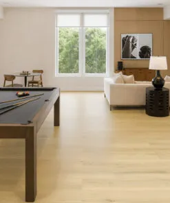 Spacious family room with Engadin Blonde Pinewood Swiss Design cork flooring offering a warm, inviting look and smooth natural texture.