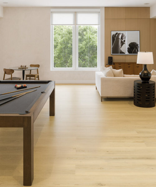 Spacious family room with Engadin Blonde Pinewood Swiss Design cork flooring offering a warm, inviting look and smooth natural texture.
