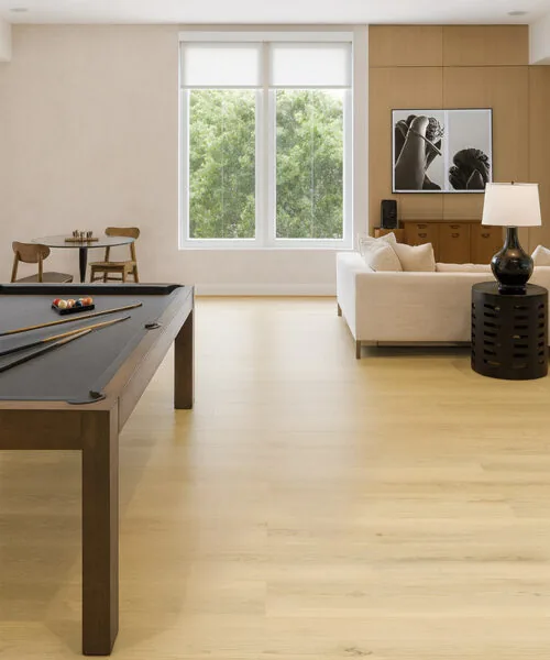 Spacious family room with Engadin Blonde Pinewood Swiss Design cork flooring offering a warm, inviting look and smooth natural texture.