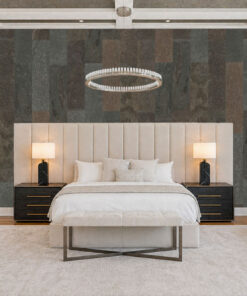 Bedroom feature wall with Gold Mica Slate real stone tiles adding depth, texture, and warm natural stone character