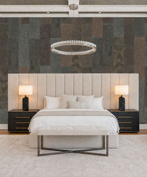 Bedroom feature wall with Gold Mica Slate real stone tiles adding depth, texture, and warm natural stone character