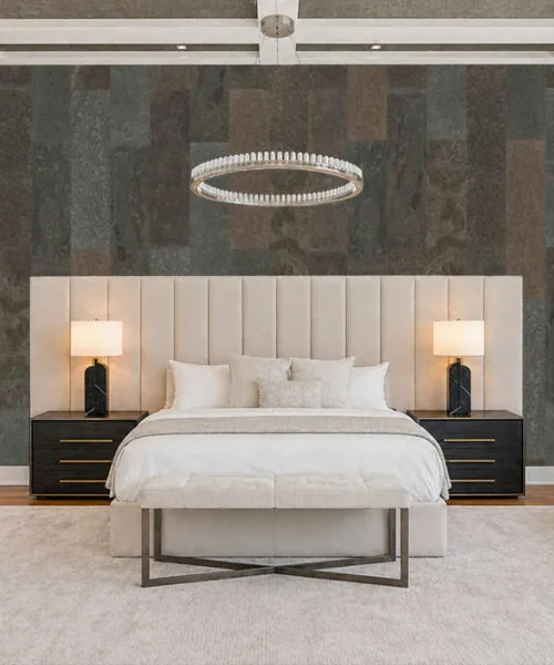 Bedroom feature wall with Gold Mica Slate real stone tiles adding depth, texture, and warm natural stone character