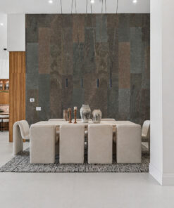 Gold Mica Slate stone tile feature wall in dining area showcasing layered natural textures and warm brown and gold tones