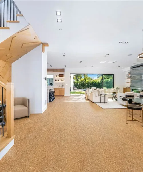 golden beach cork floor spacious living room fireplace stylish decor
