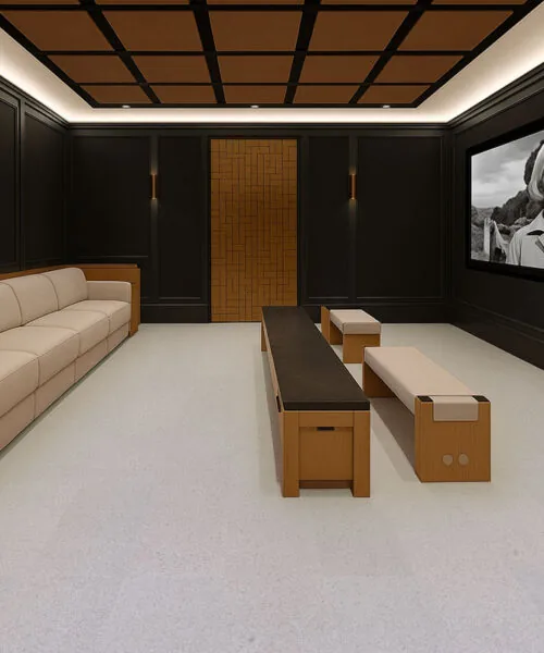 Grano - 25/64" (10mm) - Cork Floating (FGra10) Cozy home theater with beige Grano cork flooring, soft lighting, and acoustic wall panels that create a warm and quiet entertainment space.