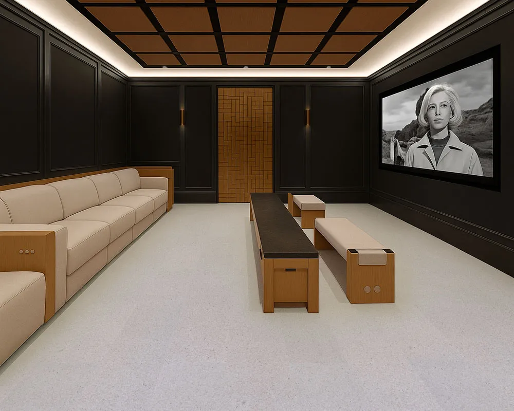 Cozy home theater with beige Grano cork flooring, soft lighting, and acoustic wall panels that create a warm and quiet entertainment space.