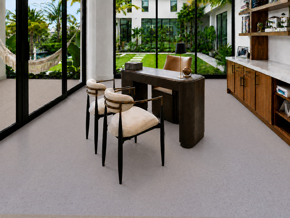Grano - 25/64" (10mm) - Cork Floating (FGra10) Grano 10mm natural cork flooring in gray-white tones complements a tropical garden-view home office.