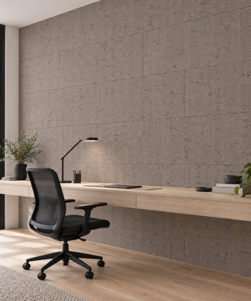Gray Bamboo glue-down cork tiles in a modern home office — wall application visualization