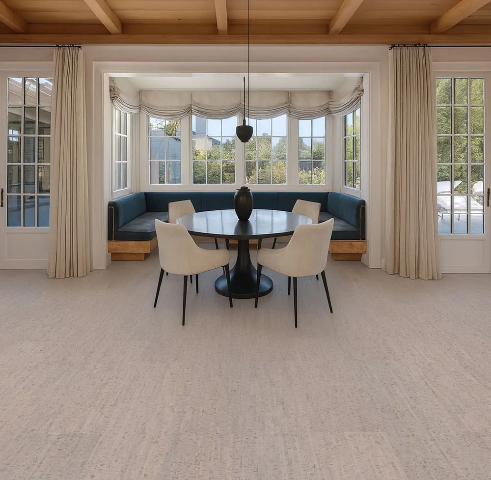 sunlit breakfast nook with soft curtains, round table, and stylish gray bamboo cork flooring