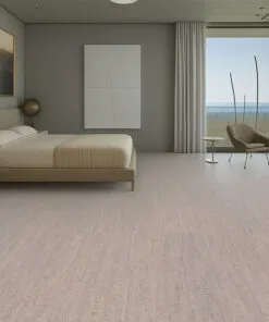 serene bedroom with ocean view and sustainable gray bamboo cork flooring