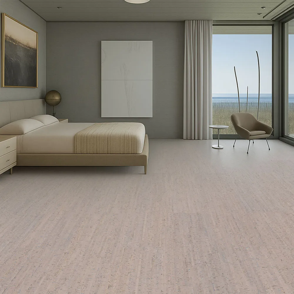 serene bedroom with ocean view and sustainable gray bamboo cork flooring