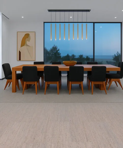 sleek boardroom with long meeting table, black chairs, and eco-friendly gray bamboo cork flooring.