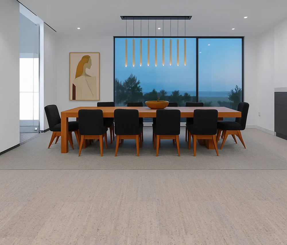 sleek boardroom with long meeting table, black chairs, and eco-friendly gray bamboo cork flooring.