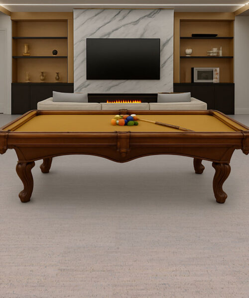 family entertainment space with pool table and cozy atmosphere on gray bamboo cork flooring.