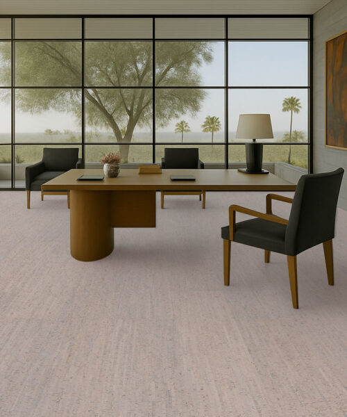 modern executive office with panoramic windows and durable gray bamboo cork flooring.