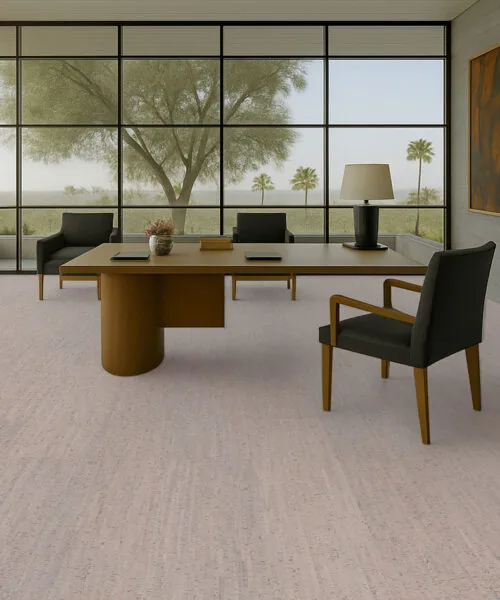 modern executive office with panoramic windows and durable gray bamboo cork flooring.