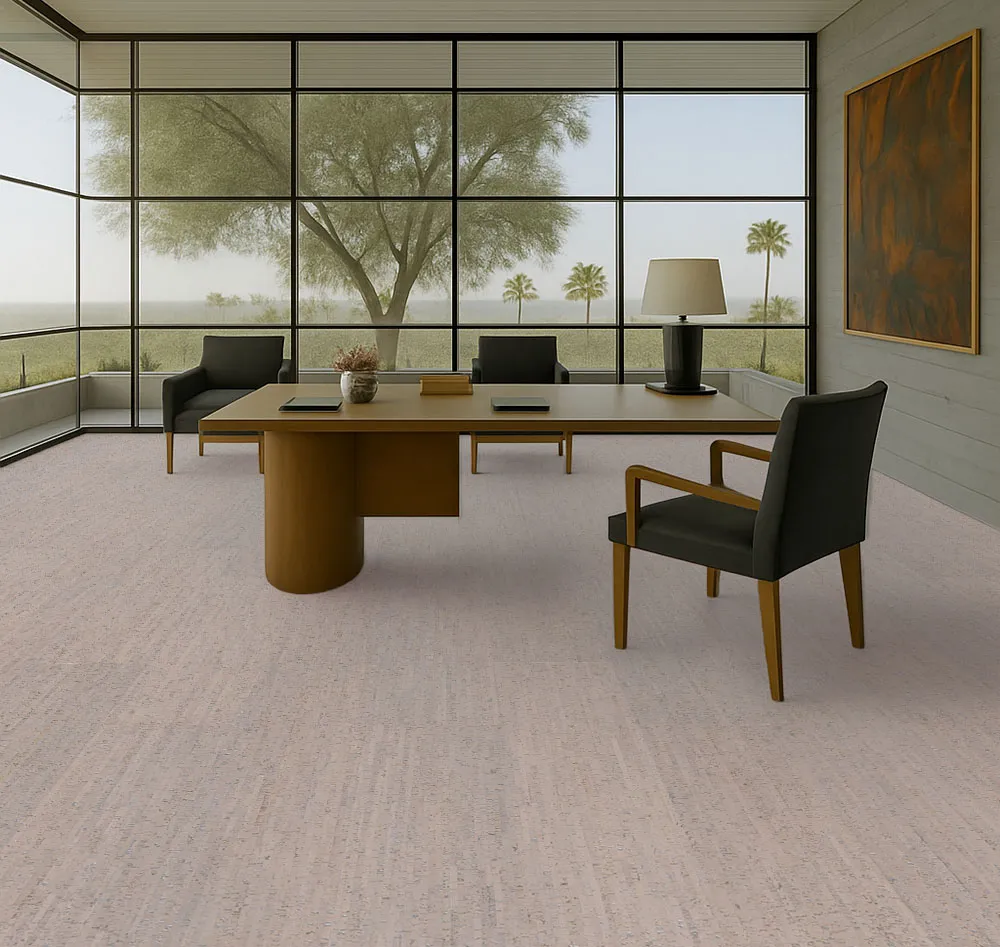 modern executive office with panoramic windows and durable gray bamboo cork flooring.