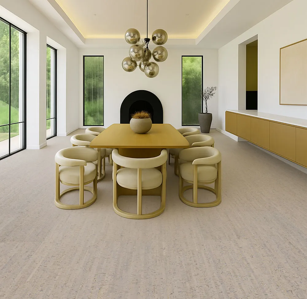 dining room with golden chairs and wood table highlighted by gray bamboo cork flooring.
