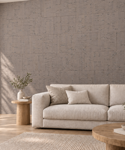 Gray Bamboo glue-down cork tiles on a living room accent wall — visualization