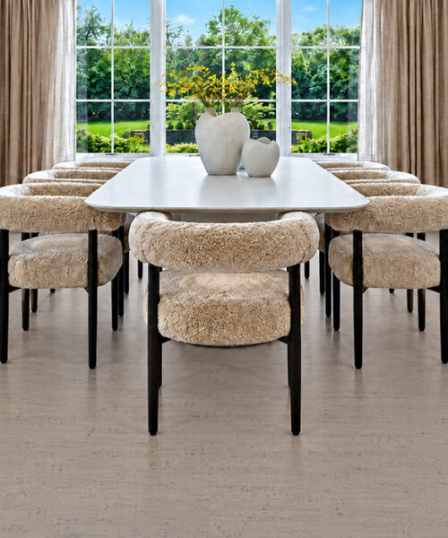 Gray Bamboo - 1/2" (12mm) - Cork Floating (FGB12) Gray Bamboo warm gray cork floor planks create a calm dining space with boucle chairs and garden windows.