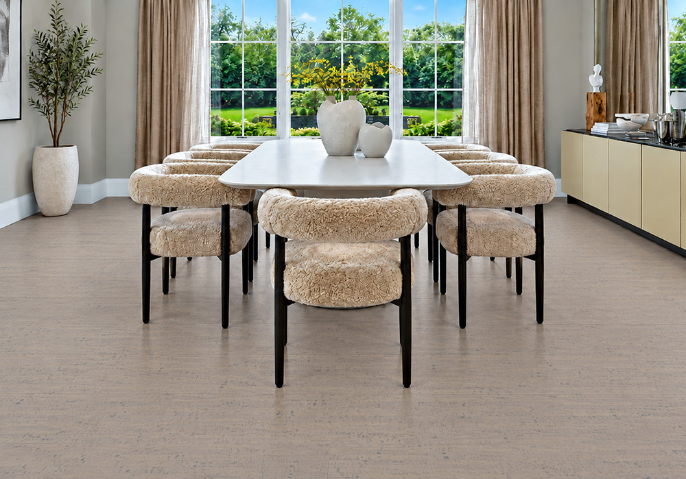 Gray Bamboo - 1/2" (12mm) - Cork Floating (FGB12) Gray Bamboo warm gray cork floor planks create a calm dining space with boucle chairs and garden windows.