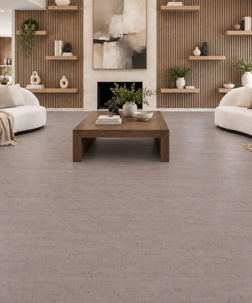 Gray Bamboo - 1/2" (12mm) - Cork Floating (FGB12) Gray Bamboo linear-pattern cork flooring complements curved cream seating and a modern wood-slat accent wall.