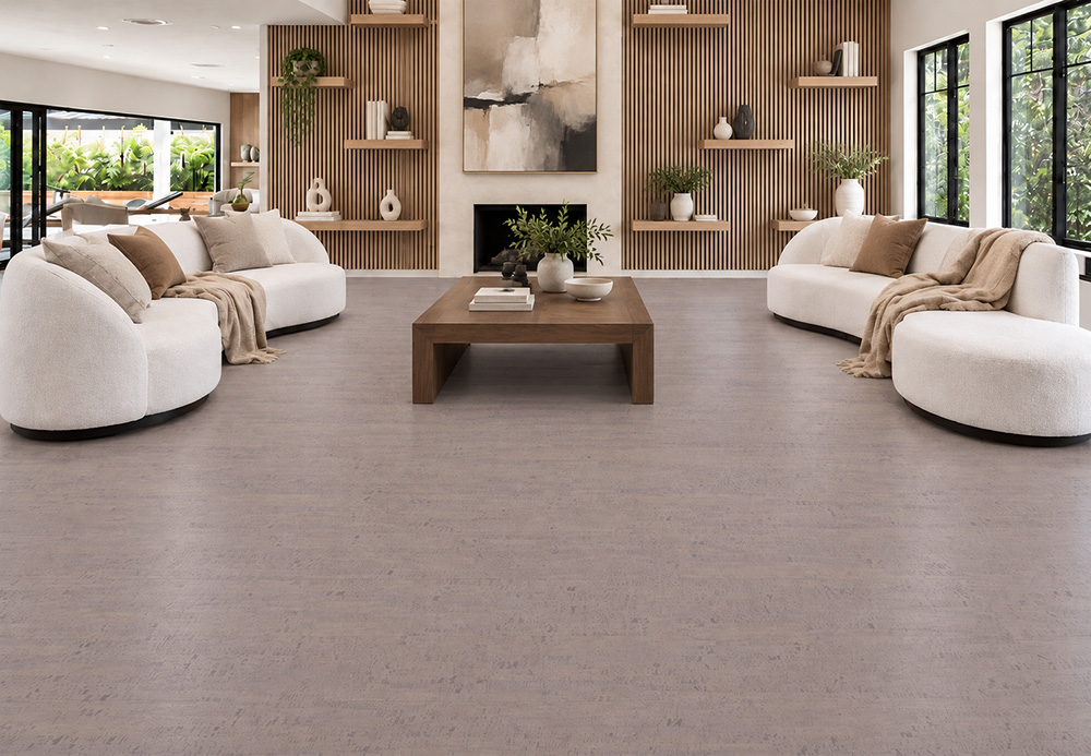 Gray Bamboo - 1/2" (12mm) - Cork Floating (FGB12) Gray Bamboo linear-pattern cork flooring complements curved cream seating and a modern wood-slat accent wall.