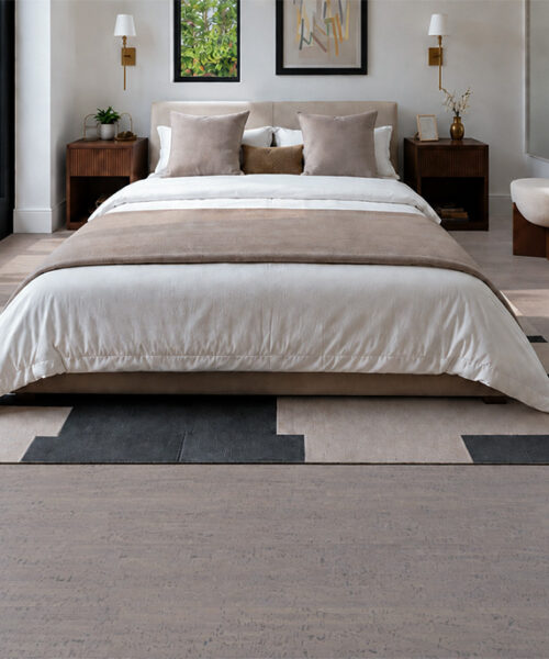 Gray Bamboo - 1/2" (12mm) - Cork Floating (FGB12) Gray Bamboo warm gray floating cork flooring softens a bedroom with upholstered bed and garden-facing doors.