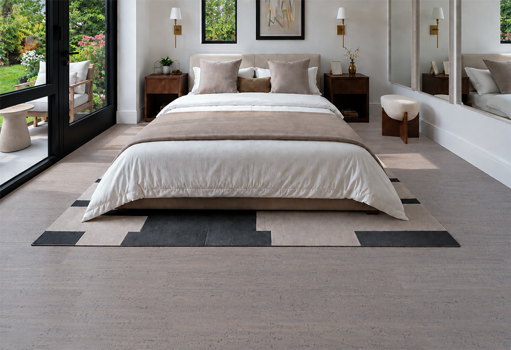 Gray Bamboo - 1/2" (12mm) - Cork Floating (FGB12) Gray Bamboo warm gray floating cork flooring softens a bedroom with upholstered bed and garden-facing doors.
