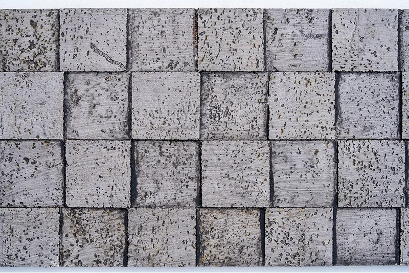 Gray Cubes 3D cork wall panel with textured gray blocks and acoustic sound-absorbing properties.