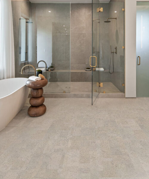 Glue-down cork tile bathroom flooring detail view