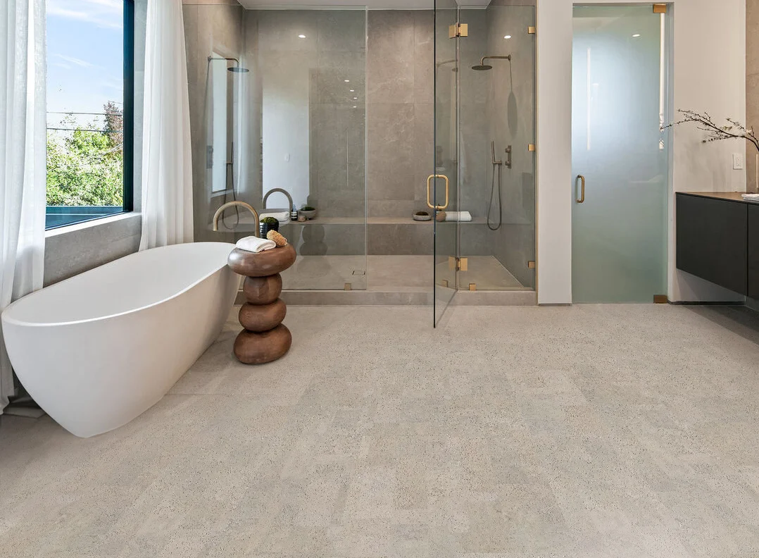 Glue-down cork tile bathroom flooring detail view