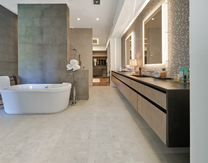 gray leather cork tile bathroom flooring remodel