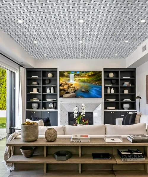 Greece White - 63/64” (25mm) 3D Cork Wall Panels (WGWh25) - 3D Cork Wall and Ceiling Panels with MDF flooring detail view