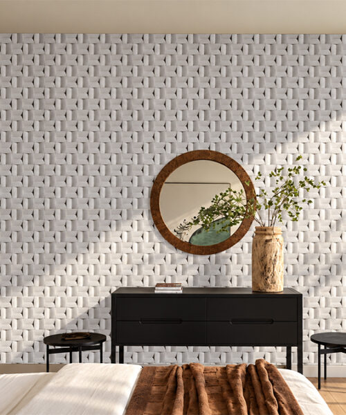 Greece White geometric cork wall panels enhance a Scandinavian-style bedroom with a woven 3D feature wall, round mirror, and natural sunlight.