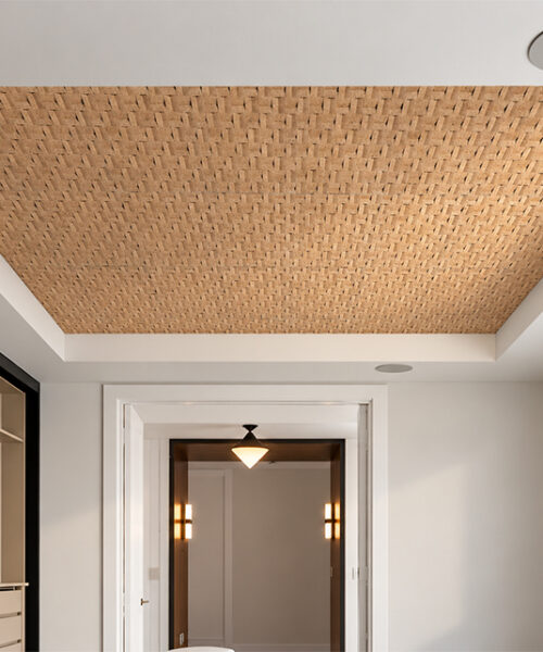 Greece Wood - 63/64" (25mm) - 3D Cork Wall Panels (WGWo25) Modern interior with recessed cork ceiling featuring natural wood tones and geometric texture