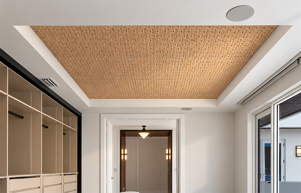 Greece Wood - 63/64" (25mm) - 3D Cork Wall Panels (WGWo25) Modern interior with recessed cork ceiling featuring natural wood tones and geometric texture