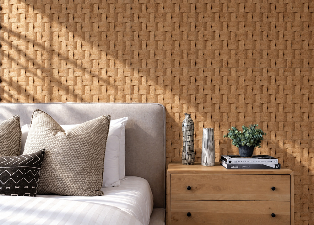 Greece Wood - 63/64" (25mm) - 3D Cork Wall Panels (WGWo25) Modern bedroom featuring natural cork accent wall behind upholstered bed with soft sunlight