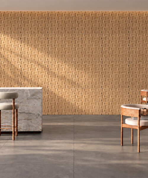 Greece Wood - 63/64" (25mm) - 3D Cork Wall Panels (WGWo25) Contemporary café interior with textured cork feature wall, marble counter, and wooden seating