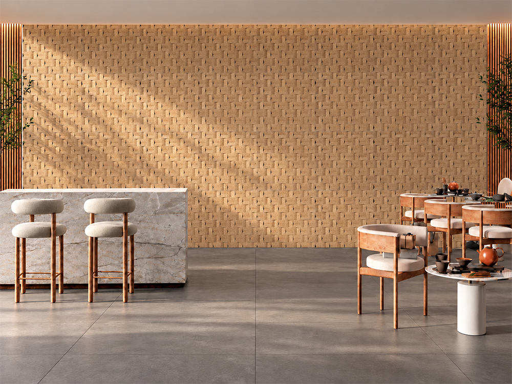 Greece Wood - 63/64" (25mm) - 3D Cork Wall Panels (WGWo25) Contemporary café interior with textured cork feature wall, marble counter, and wooden seating