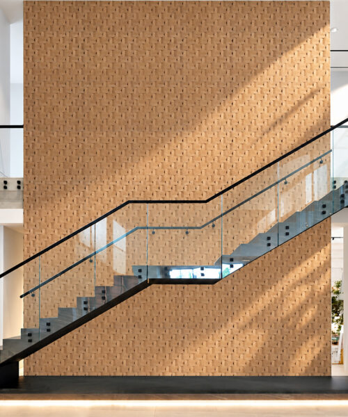 Greece Wood - 63/64" (25mm) - 3D Cork Wall Panels (WGWo25) Modern staircase with glass railing and floor-to-ceiling textured cork accent wall