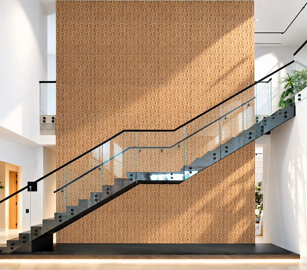 Greece Wood - 63/64" (25mm) - 3D Cork Wall Panels (WGWo25) Modern staircase with glass railing and floor-to-ceiling textured cork accent wall