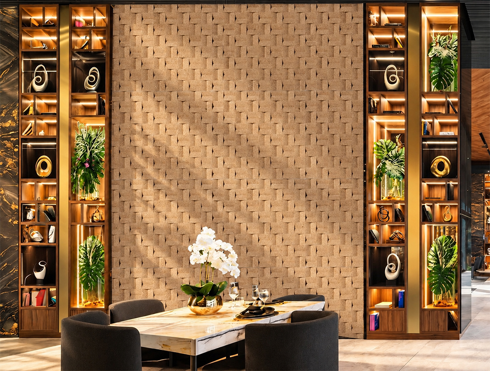 Greece Wood - 63/64" (25mm) - 3D Cork Wall Panels (WGWo25) Contemporary music room with grand piano and textured 3D cork feature wall