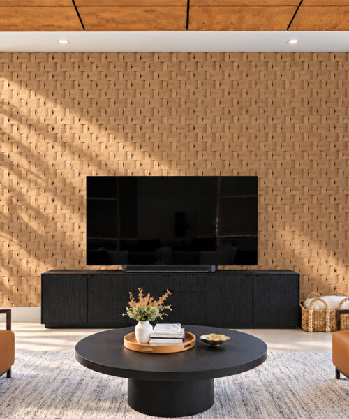 Greece Wood - 63/64" (25mm) - 3D Cork Wall Panels (WGWo25) Luxury living room with 3D cork TV feature wall, large windows, and tropical garden views