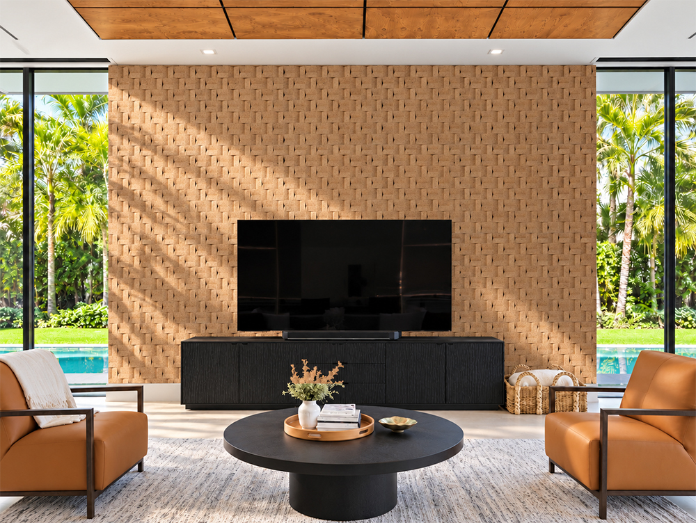 Greece Wood - 63/64" (25mm) - 3D Cork Wall Panels (WGWo25) Luxury living room with 3D cork TV feature wall, large windows, and tropical garden views