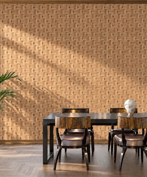 Greece Wood - 63/64" (25mm) - 3D Cork Wall Panels (WGWo25) Luxury dining room featuring textured cork feature wall, illuminated display shelves, and marble table